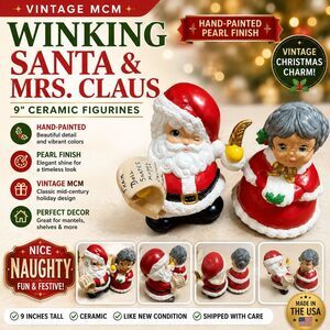 🎅 Vintage MCM Winking Santa & Mrs Claus 9" Ceramic Figurines Pearl Finish USA